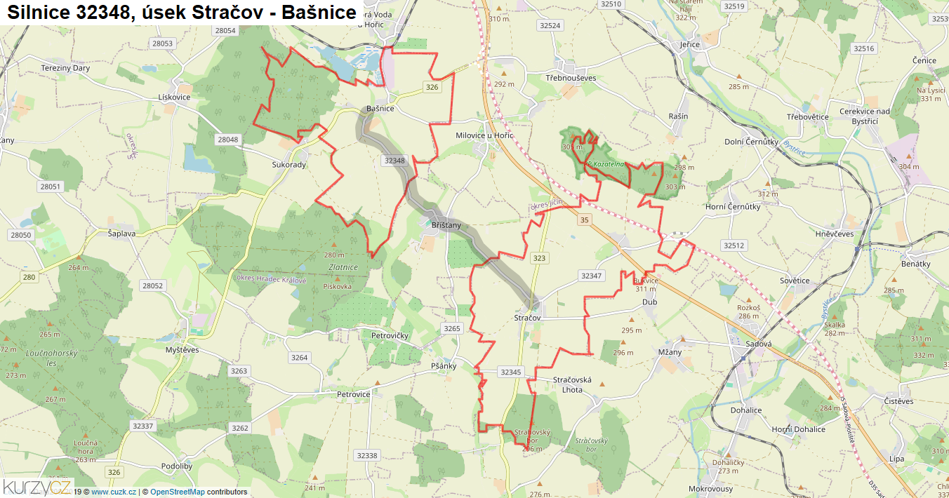 Úsek Stračov - Bašnice, Silnice 32348 - Mapa