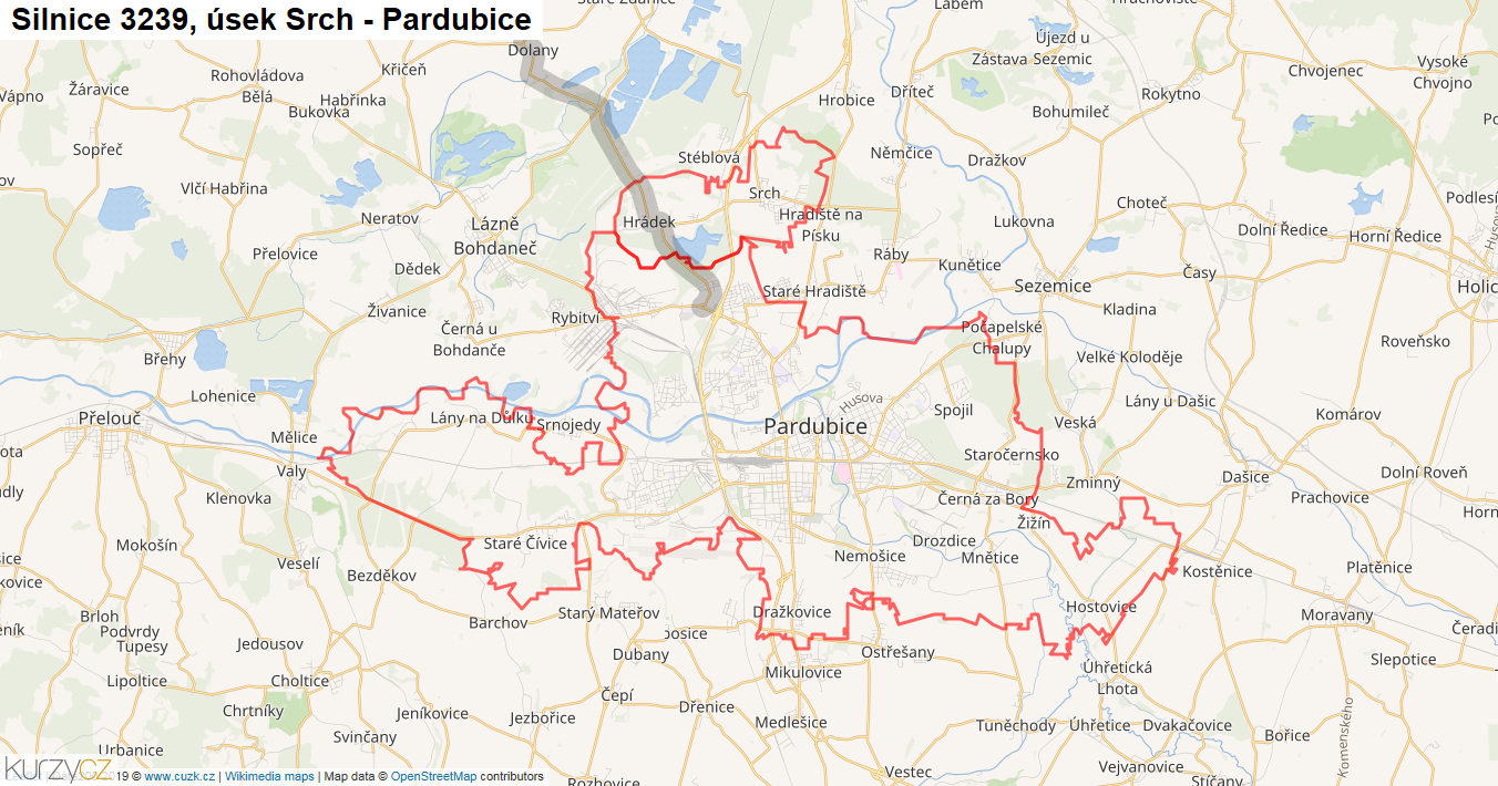Úsek Srch - Pardubice, Silnice 3239 - Mapa