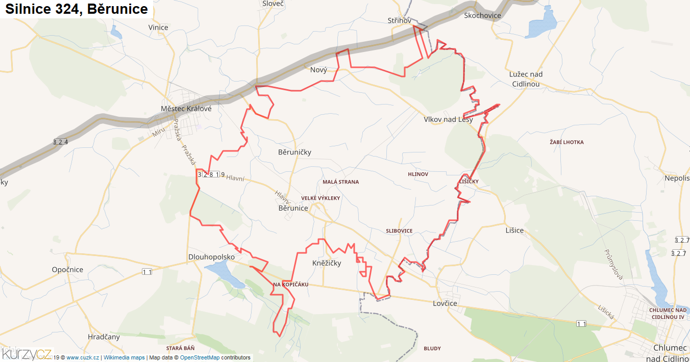 Běrunice, Silnice 324 - Mapa