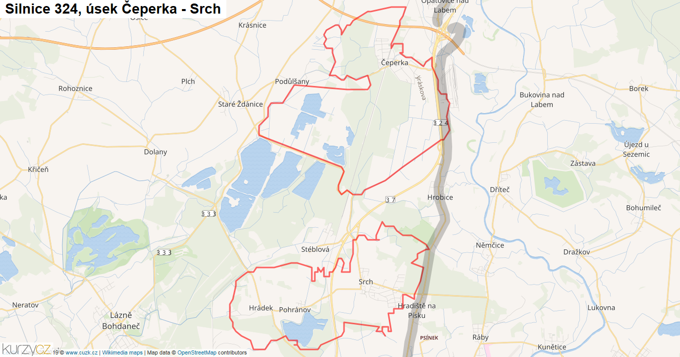 Úsek Čeperka - Srch, Silnice 324 - Mapa