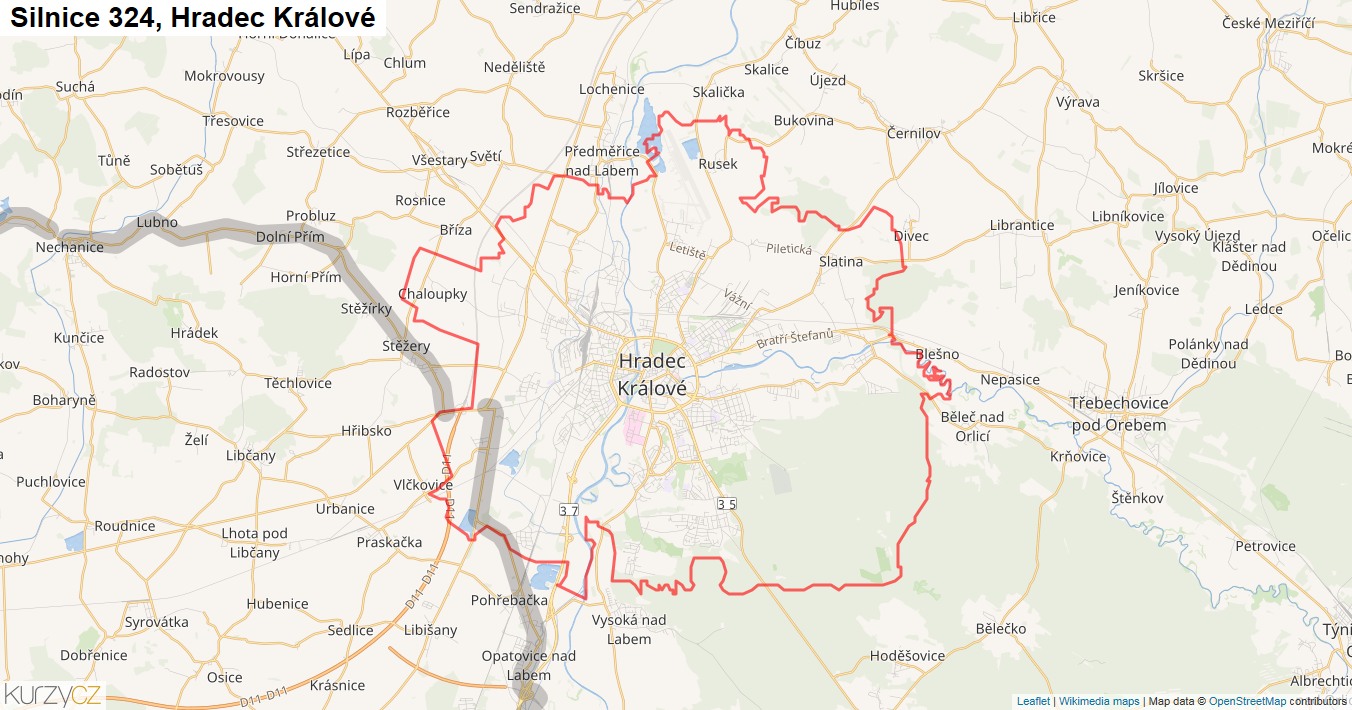 Hradec Králové, Silnice 324 - Mapa