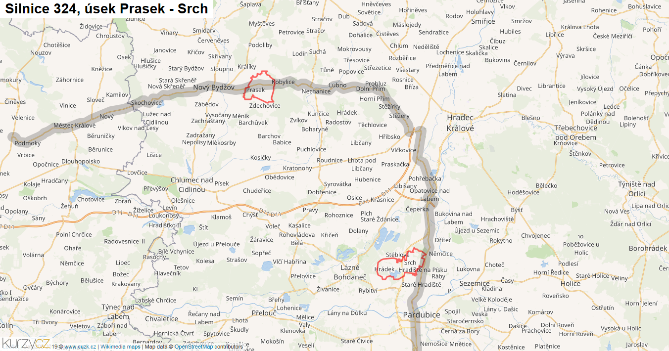 Úsek Prasek - Srch, Silnice 324 - Mapa