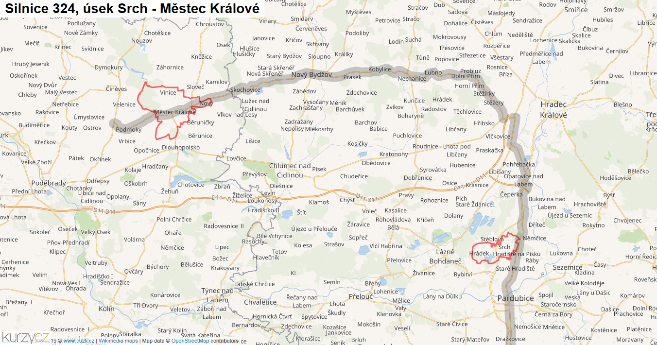Úsek Srch - Městec Králové, Silnice 324 - Mapa