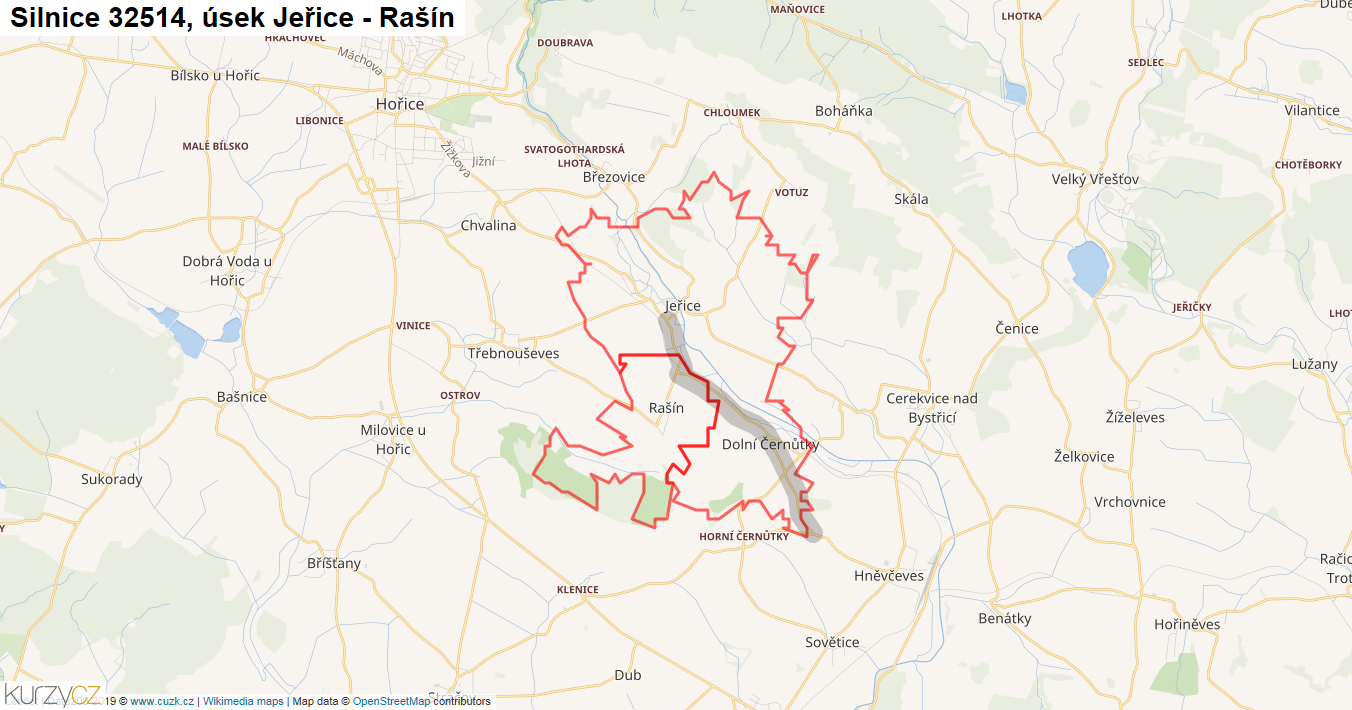 Úsek Jeřice - Rašín, Silnice 32514 - Mapa