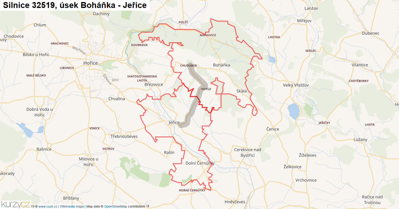 Úsek Boháňka - Jeřice, Silnice 32519 - Mapa