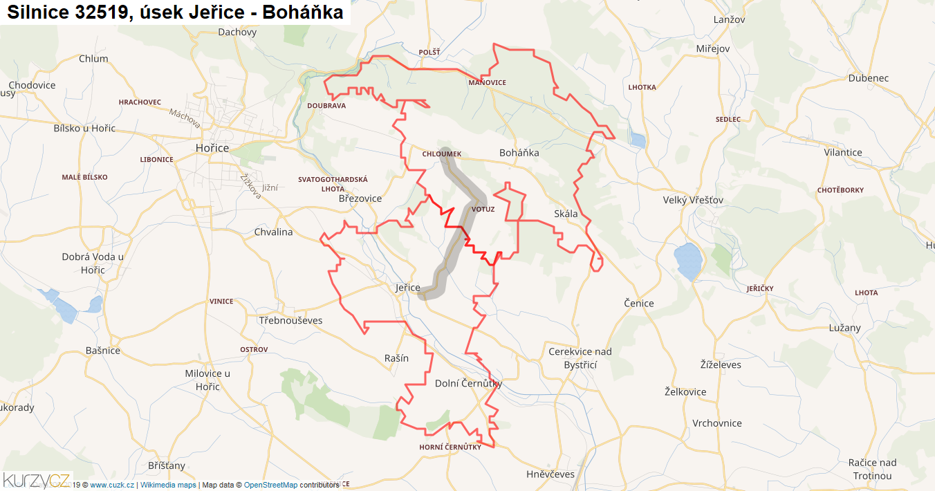 Úsek Jeřice - Boháňka, Silnice 32519 - Mapa