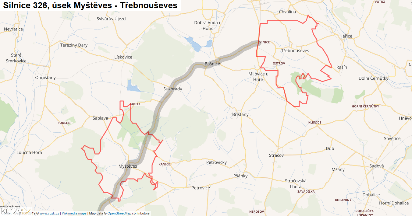 Úsek Myštěves - Třebnouševes, Silnice 326 - Mapa