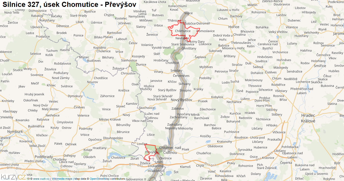 Úsek Chomutice - Převýšov, Silnice 327 - Mapa