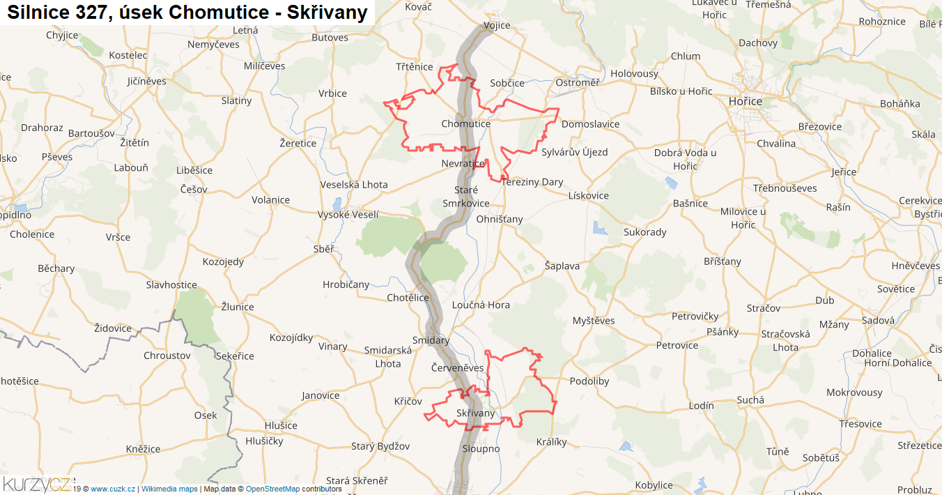 Úsek Chomutice - Skřivany, Silnice 327 - Mapa