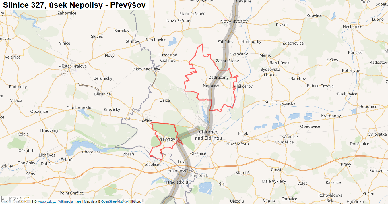 Úsek Nepolisy - Převýšov, Silnice 327 - Mapa