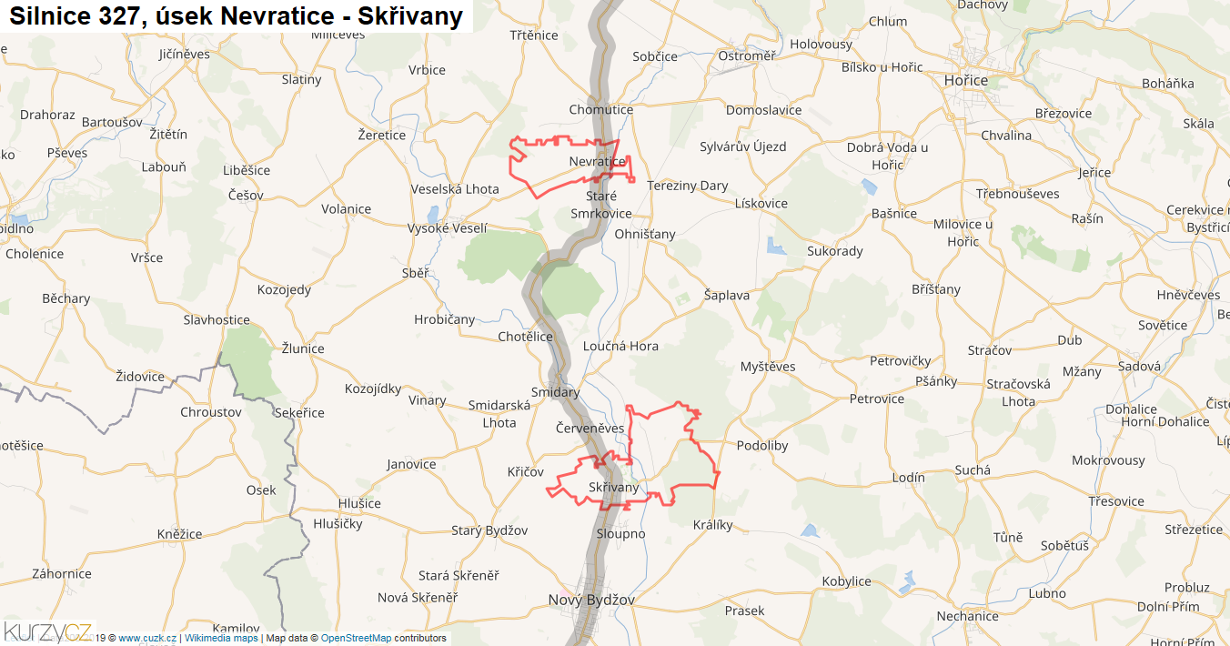 Úsek Nevratice - Skřivany, Silnice 327 - Mapa