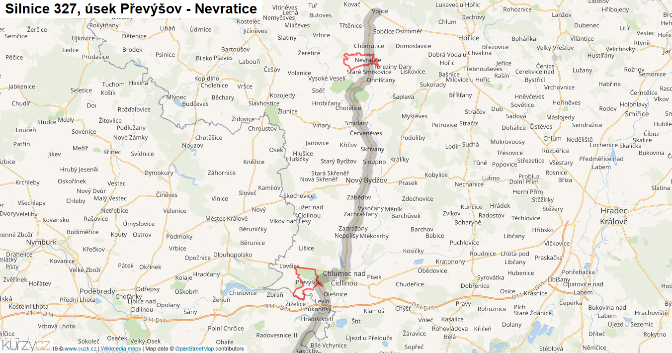 Úsek Převýšov - Nevratice, Silnice 327 - Mapa