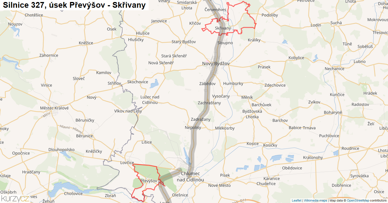 Úsek Převýšov - Skřivany, Silnice 327 - Mapa