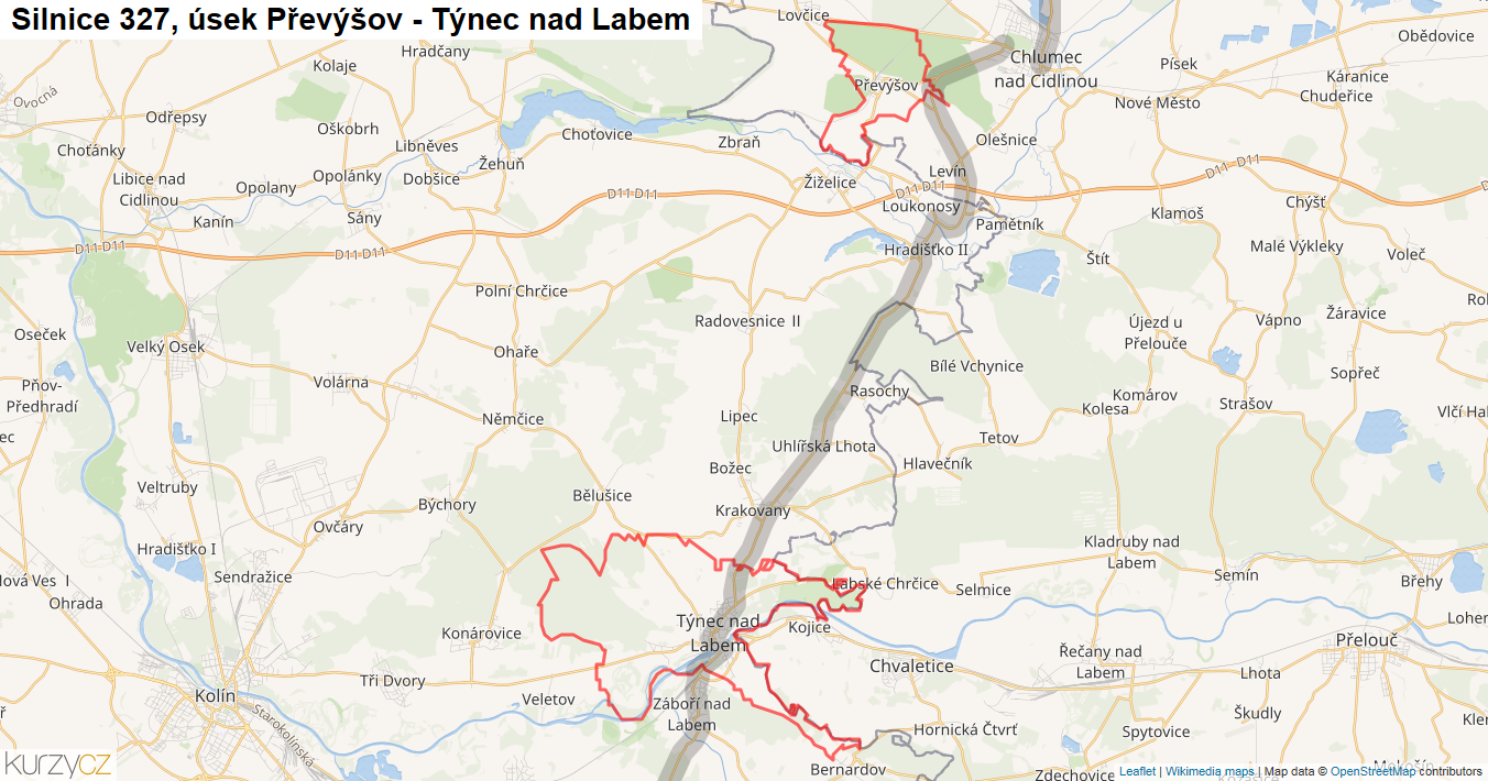 Úsek Převýšov - Týnec nad Labem, Silnice 327 - Mapa