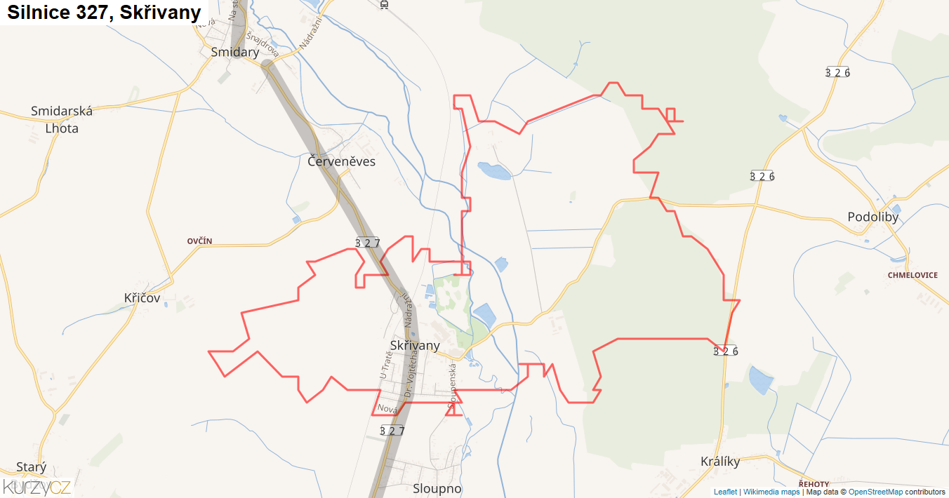 Skřivany, Silnice 327 - Mapa