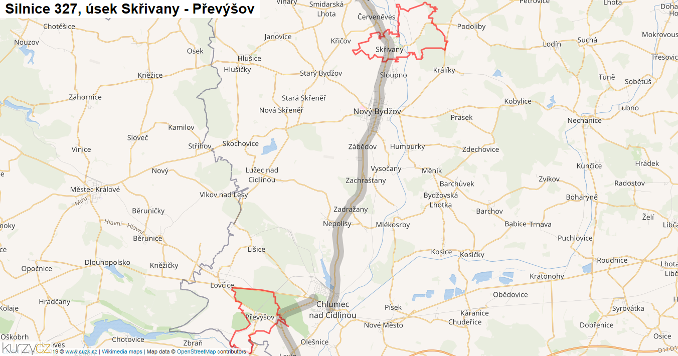 Úsek Skřivany - Převýšov, Silnice 327 - Mapa