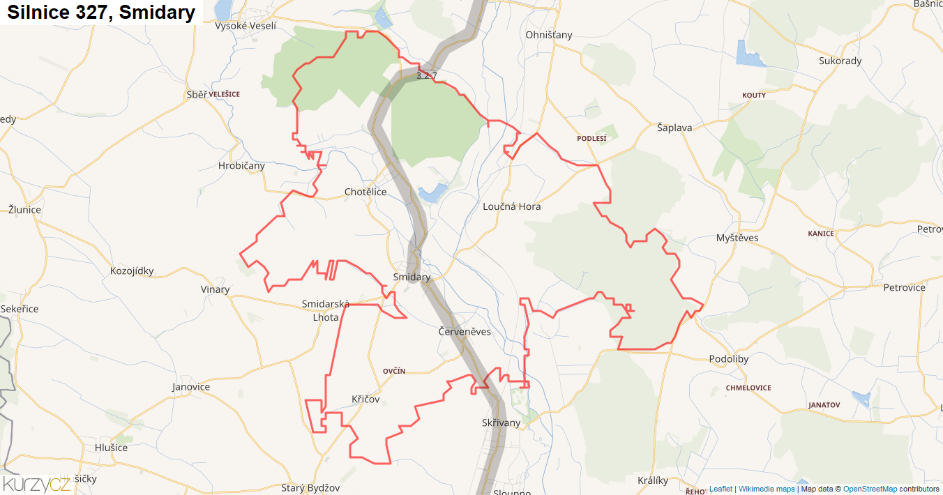 Smidary, Silnice 327 - Mapa
