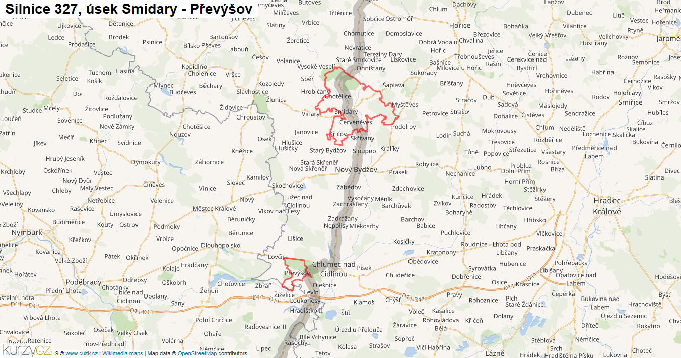Úsek Smidary - Převýšov, Silnice 327 - Mapa