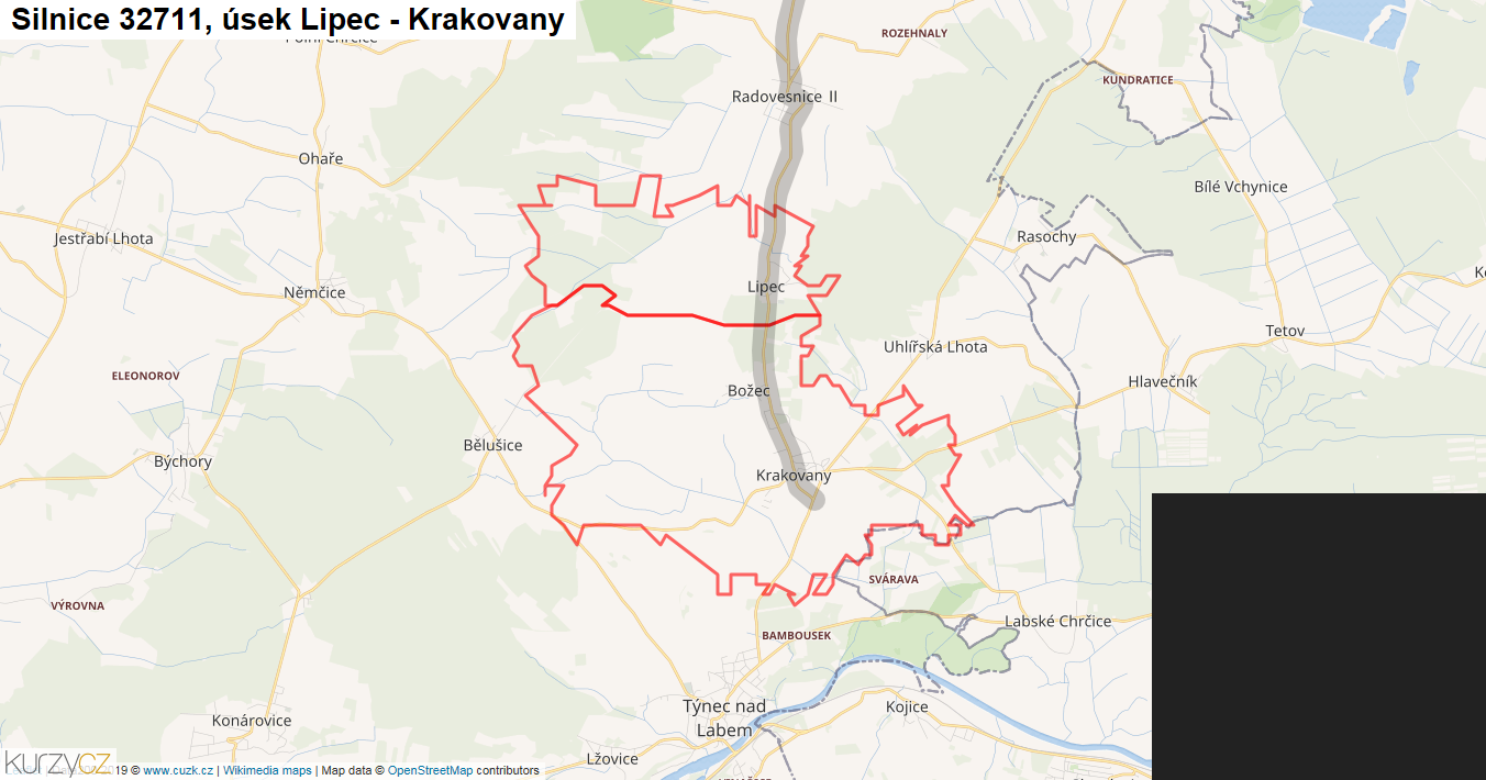 Úsek Lipec - Krakovany, Silnice 32711 - Mapa