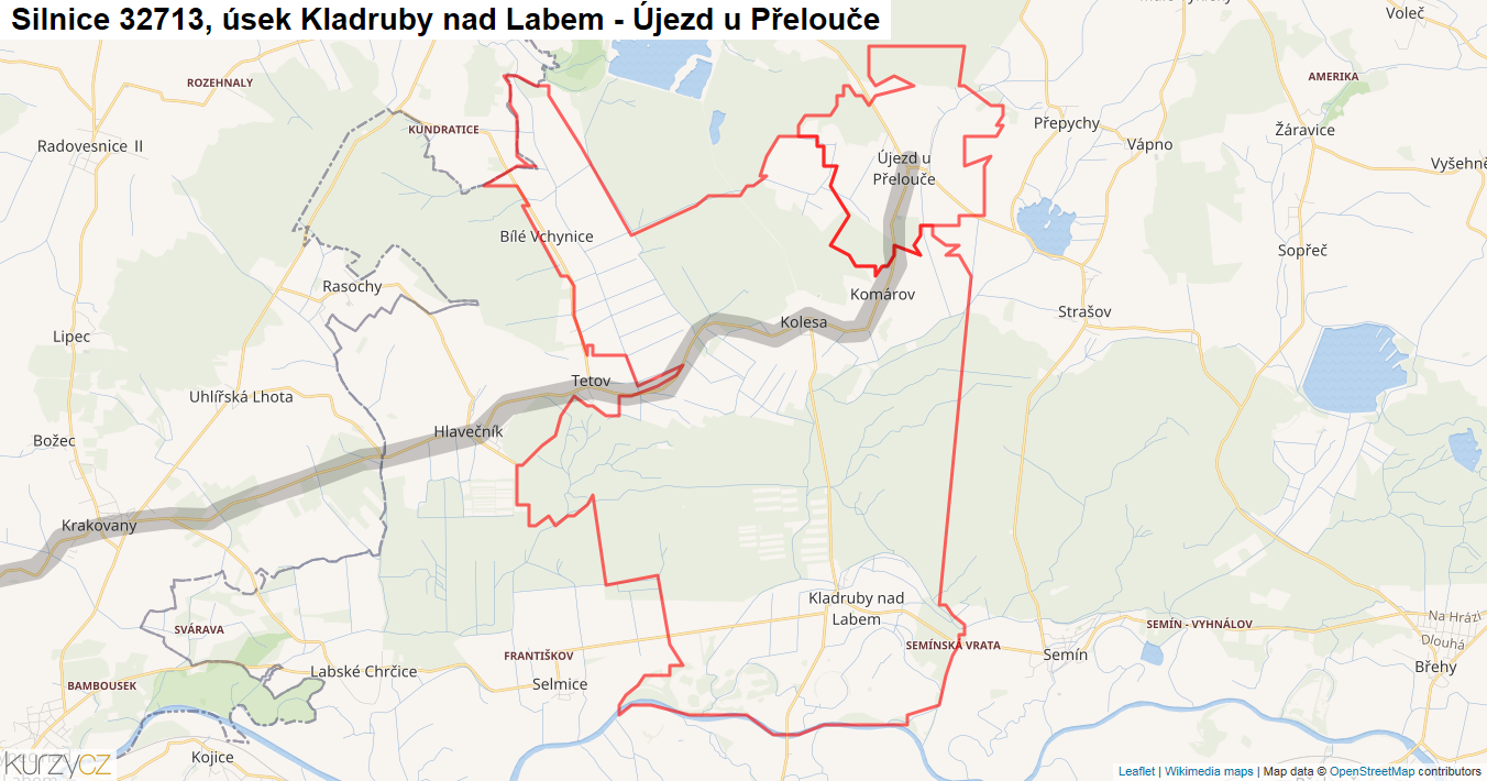 Úsek Kladruby nad Labem - Újezd u Přelouče, Silnice 32713 - Mapa
