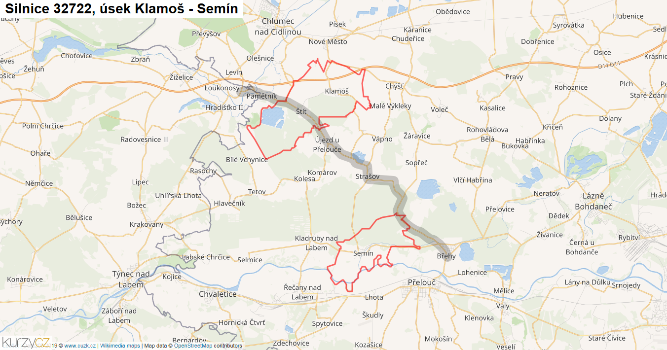 Úsek Klamoš - Semín, Silnice 32722 - Mapa