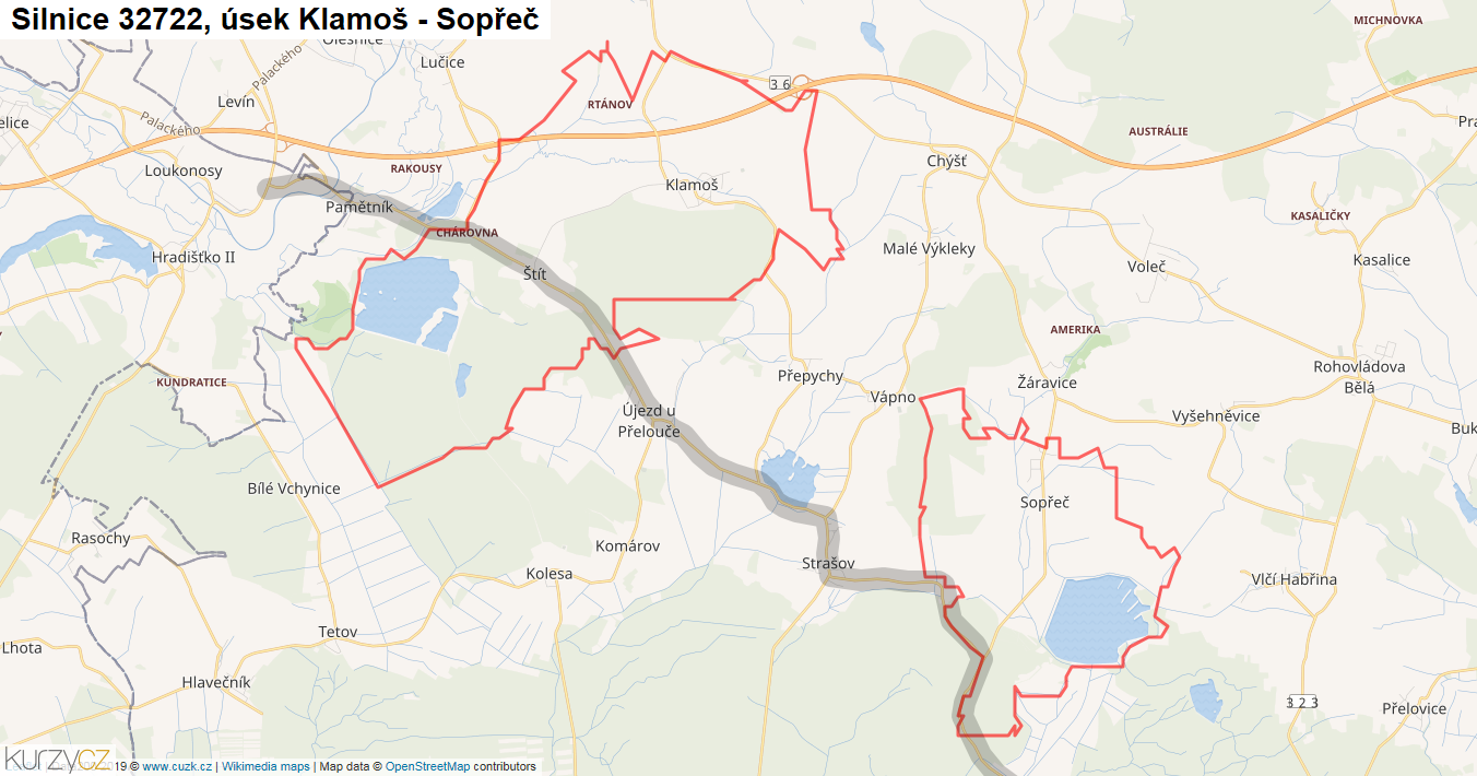 Úsek Klamoš - Sopřeč, Silnice 32722 - Mapa