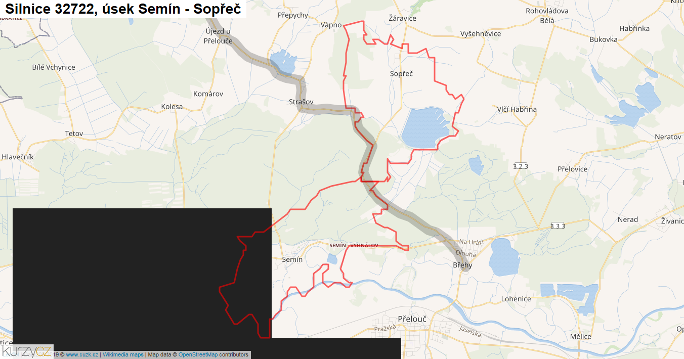 Úsek Semín - Sopřeč, Silnice 32722 - Mapa