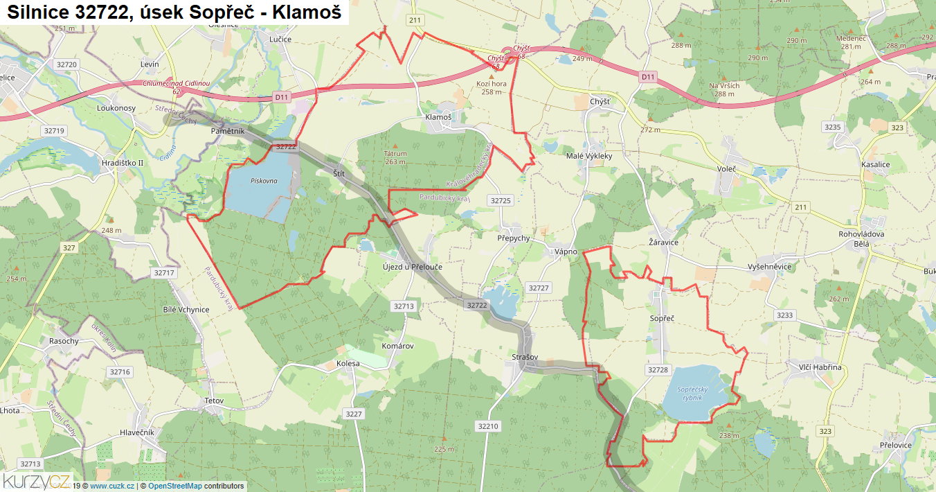 Úsek Sopřeč - Klamoš, Silnice 32722 - Mapa