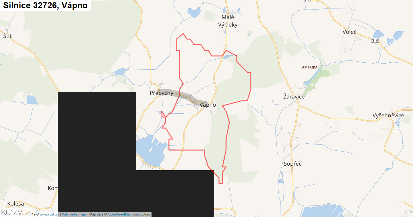 Vápno, Silnice 32726 - Mapa