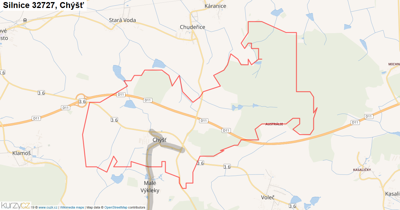 Chýšť, Silnice 32727 - Mapa