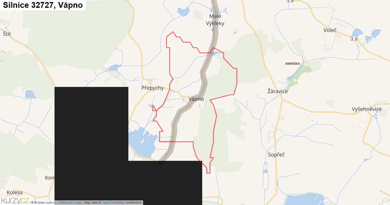 Vápno, Silnice 32727 - Mapa