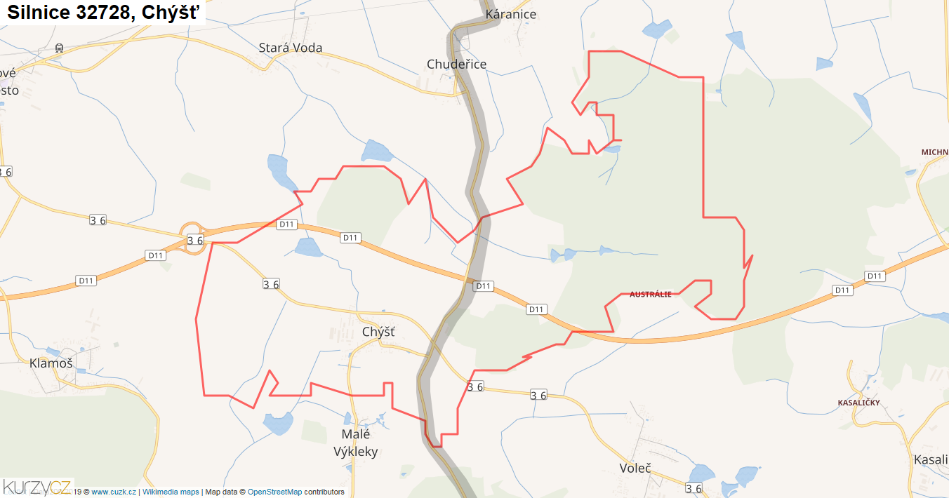 Chýšť, Silnice 32728 - Mapa