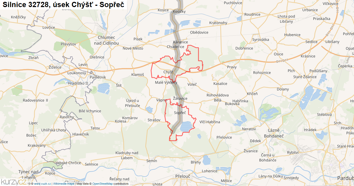 Úsek Chýšť - Sopřeč, Silnice 32728 - Mapa