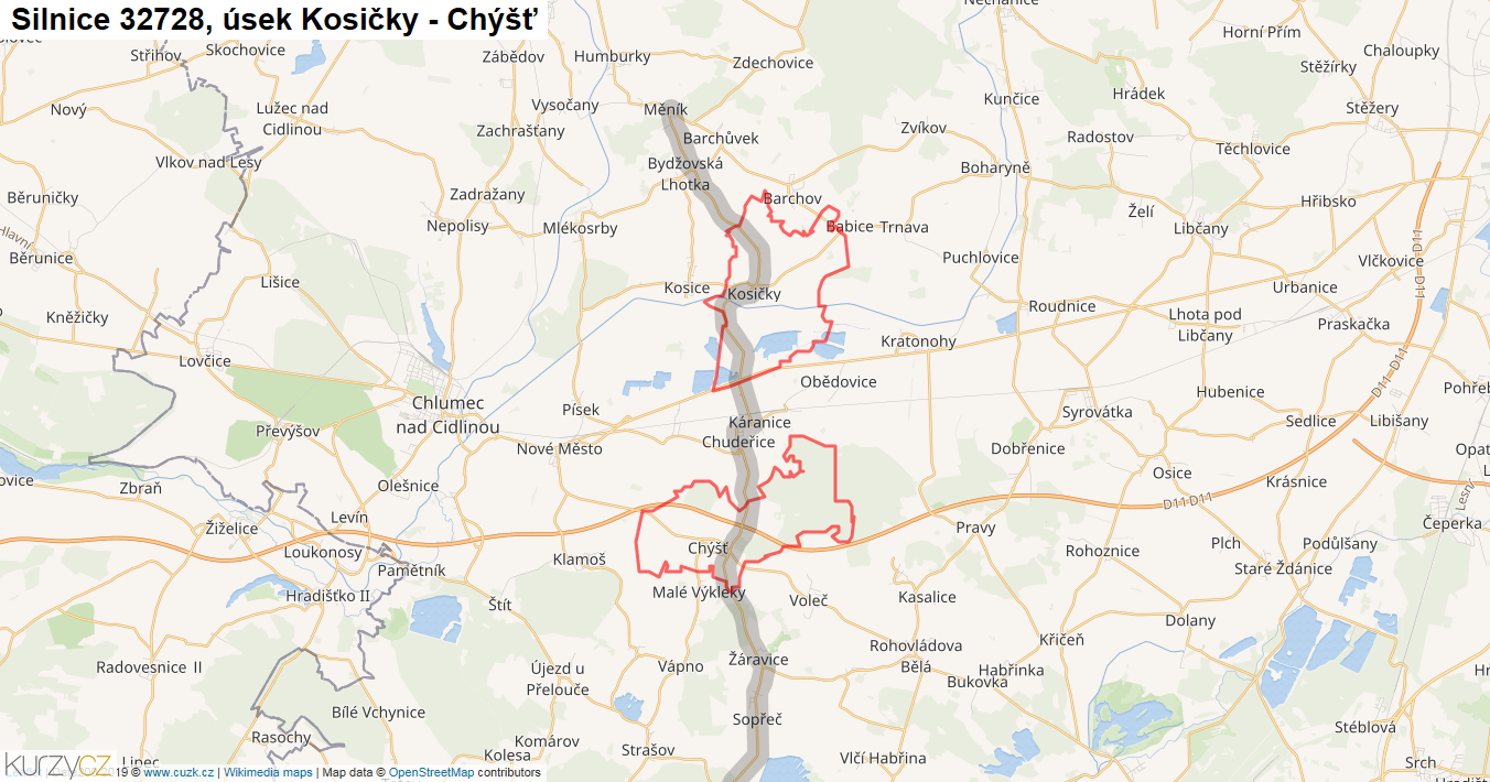Úsek Kosičky - Chýšť, Silnice 32728 - Mapa
