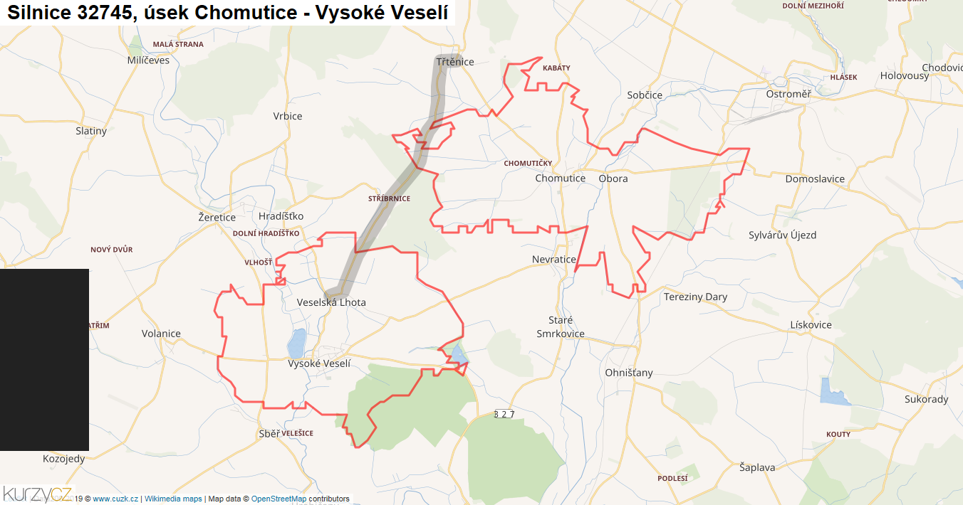 Úsek Chomutice - Vysoké Veselí, Silnice 32745 - Mapa