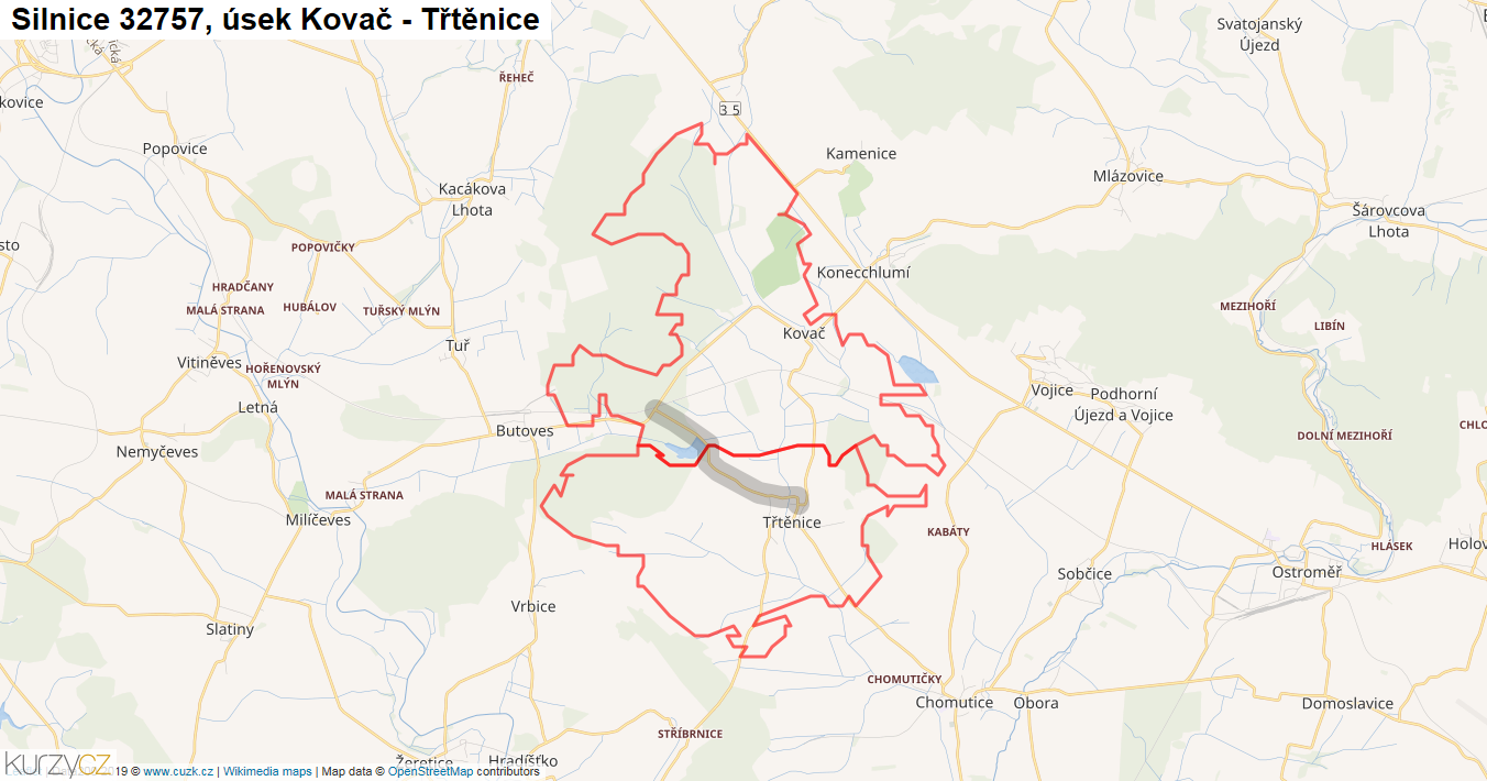 Úsek Kovač - Třtěnice, Silnice 32757 - Mapa