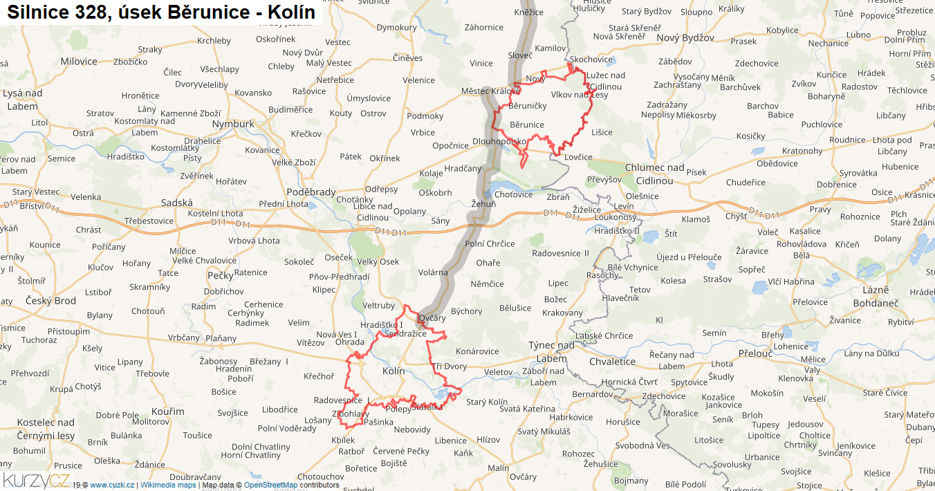 Úsek Běrunice - Kolín, Silnice 328 - Mapa