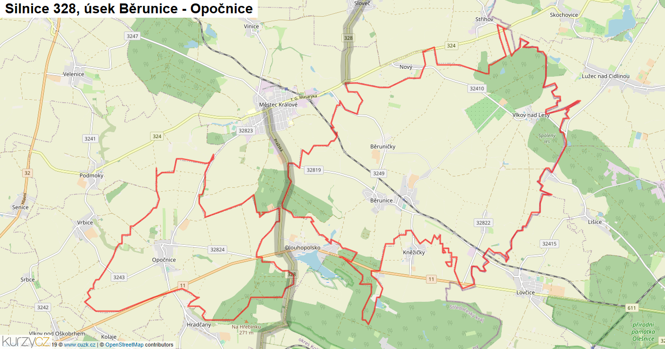Úsek Běrunice - Opočnice, Silnice 328 - Mapa