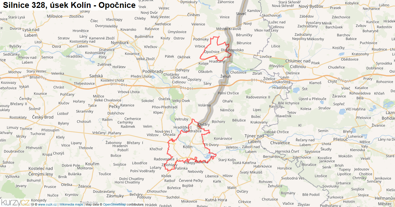 Úsek Kolín - Opočnice, Silnice 328 - Mapa