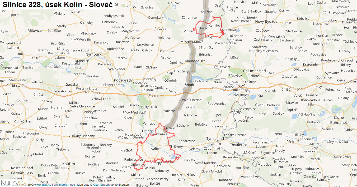 Úsek Kolín - Sloveč, Silnice 328 - Mapa