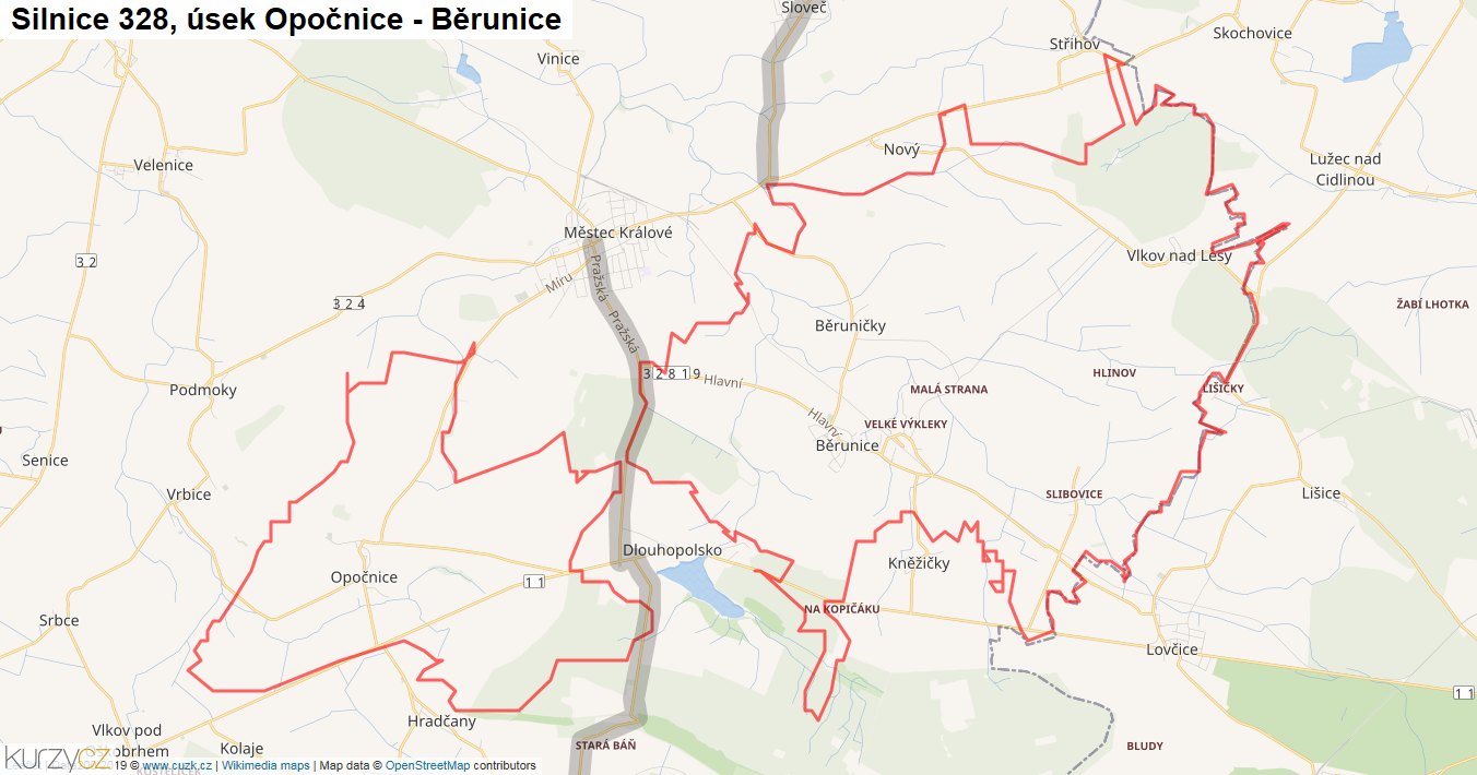 Úsek Opočnice - Běrunice, Silnice 328 - Mapa