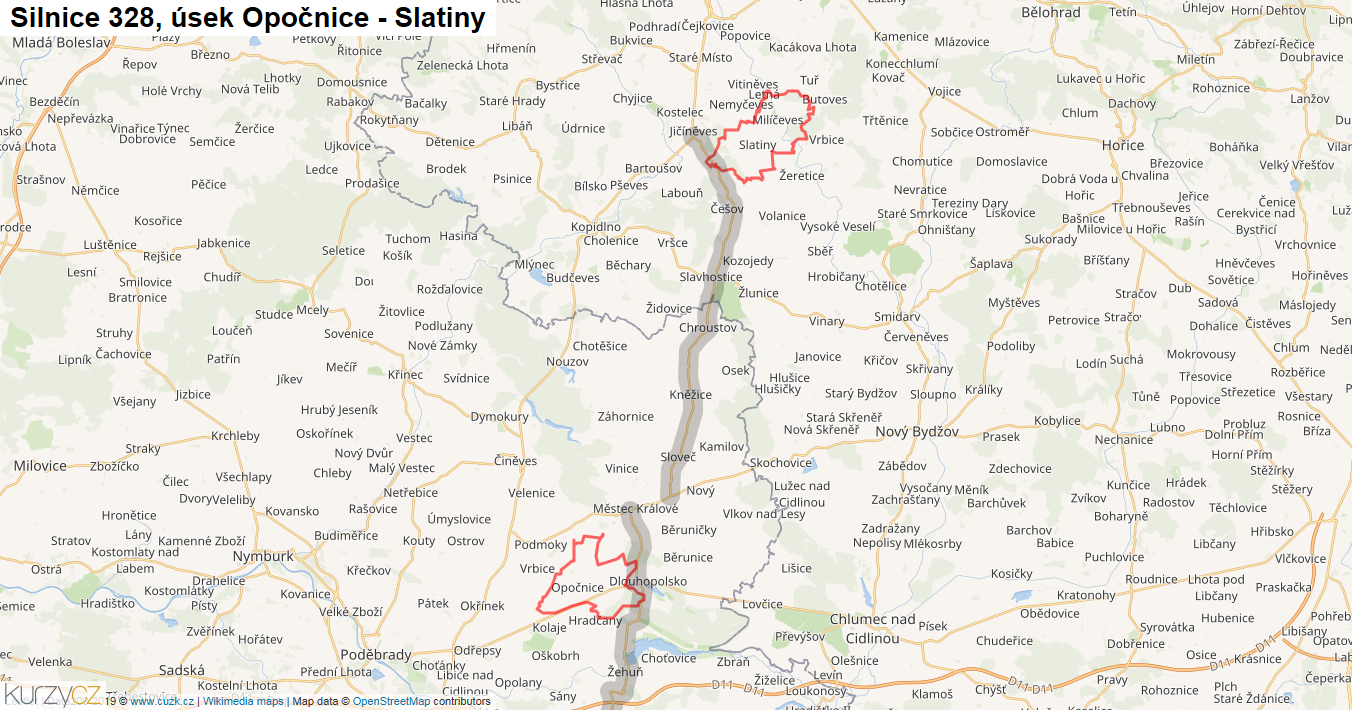 Úsek Opočnice - Slatiny, Silnice 328 - Mapa
