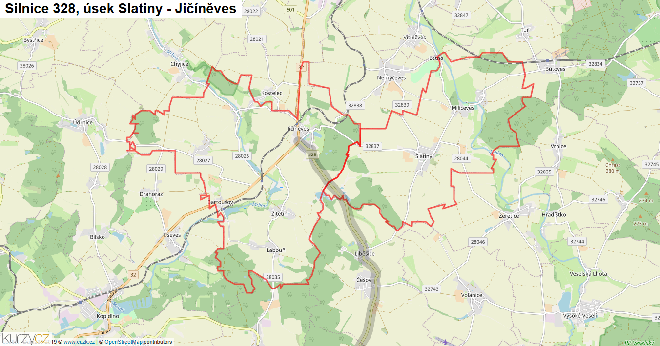 Úsek Slatiny - Jičíněves, Silnice 328 - Mapa