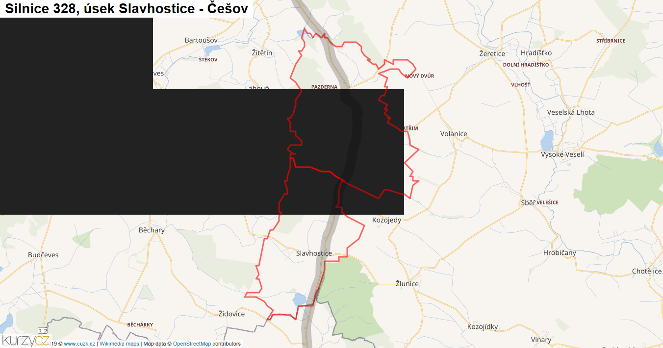 Úsek Slavhostice - Češov, Silnice 328 - Mapa