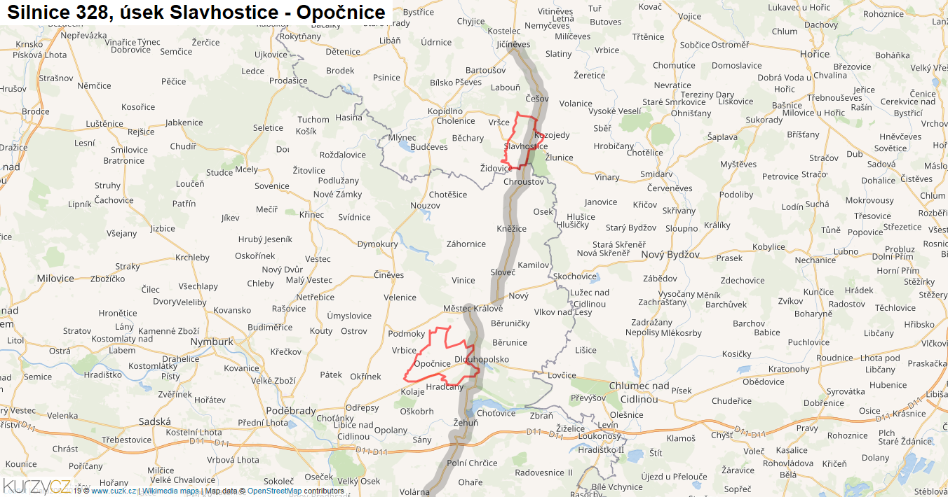 Úsek Slavhostice - Opočnice, Silnice 328 - Mapa