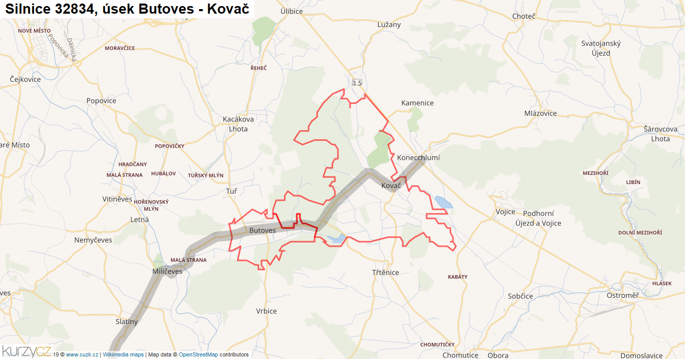 Úsek Butoves - Kovač, Silnice 32834 - Mapa