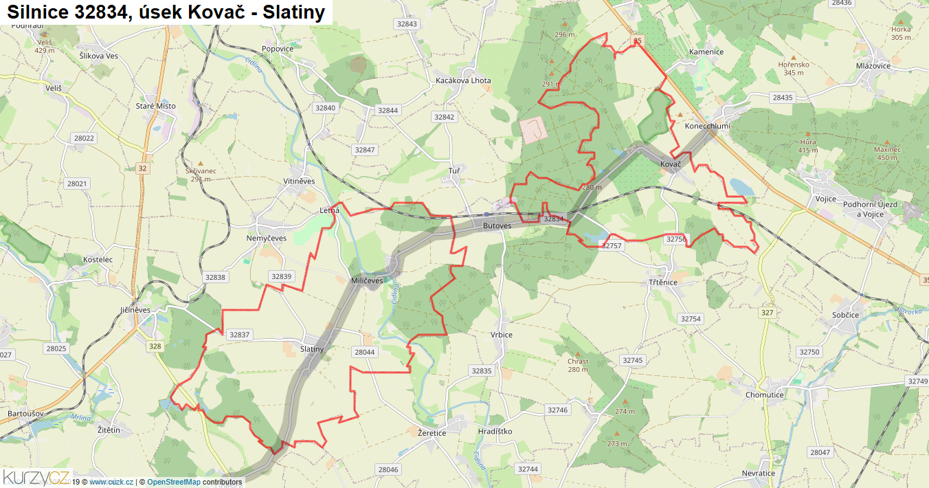 Úsek Kovač - Slatiny, Silnice 32834 - Mapa