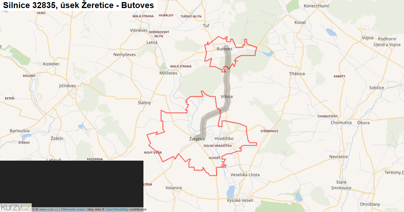 Úsek Žeretice - Butoves, Silnice 32835 - Mapa