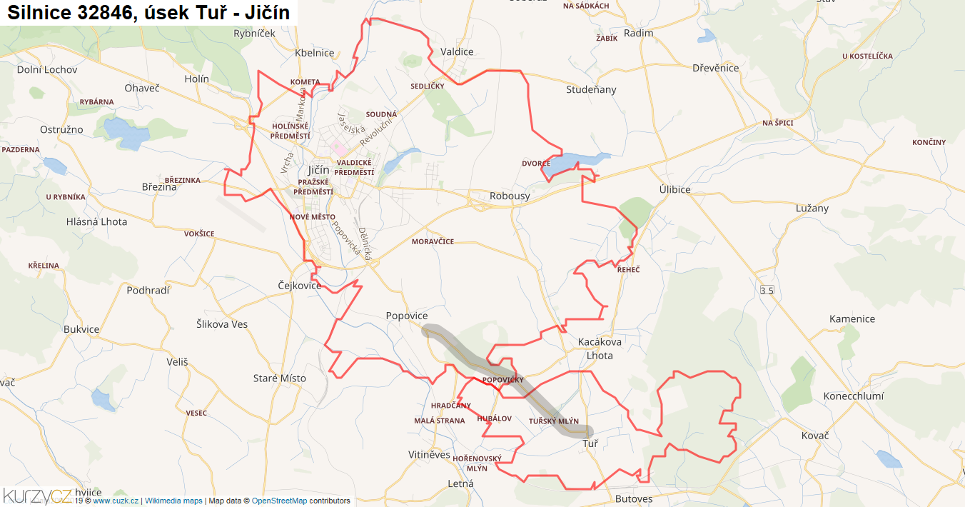 Úsek Tuř - Jičín, Silnice 32846 - Mapa