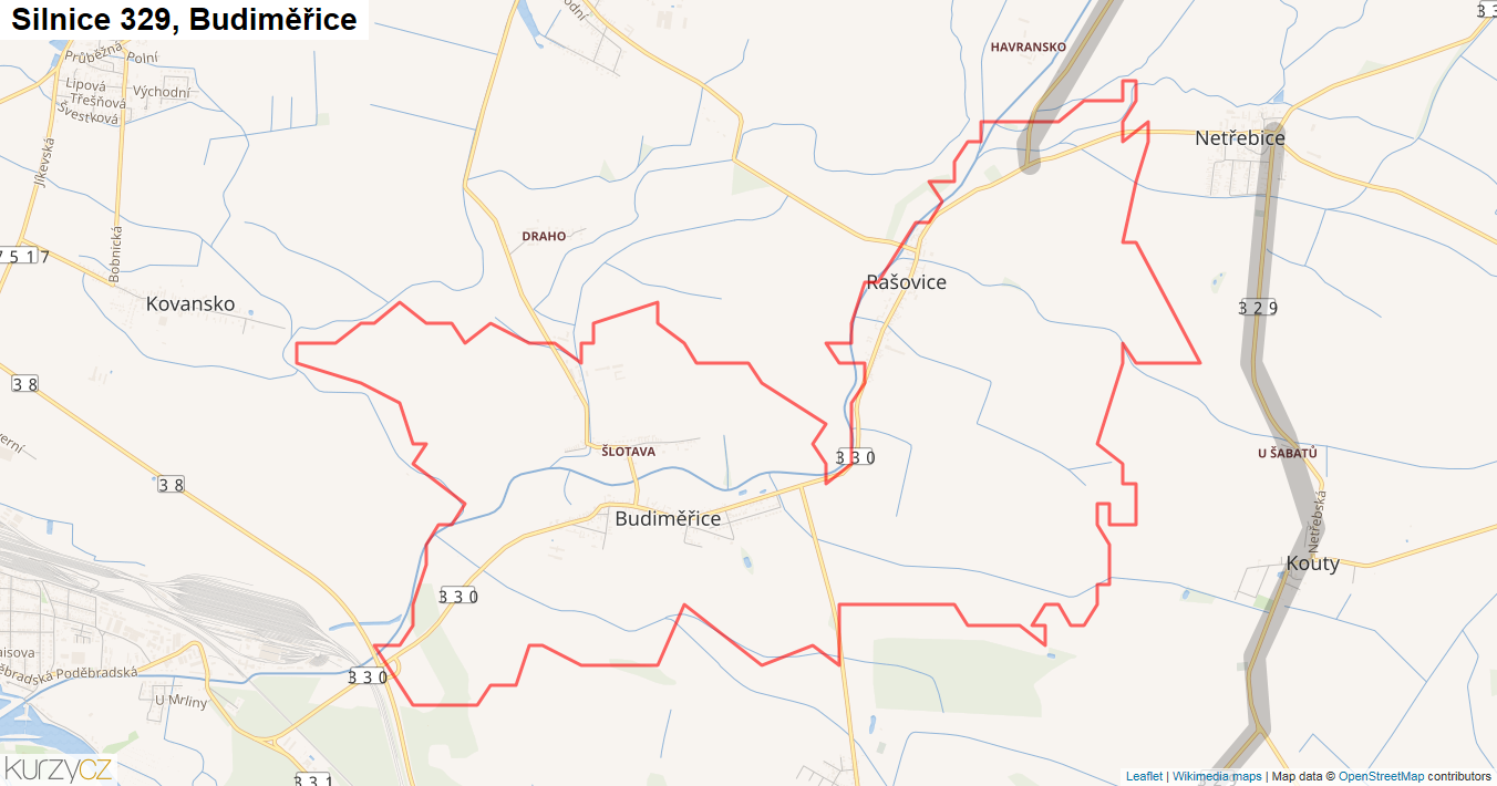 Budiměřice, Silnice 329 - Mapa